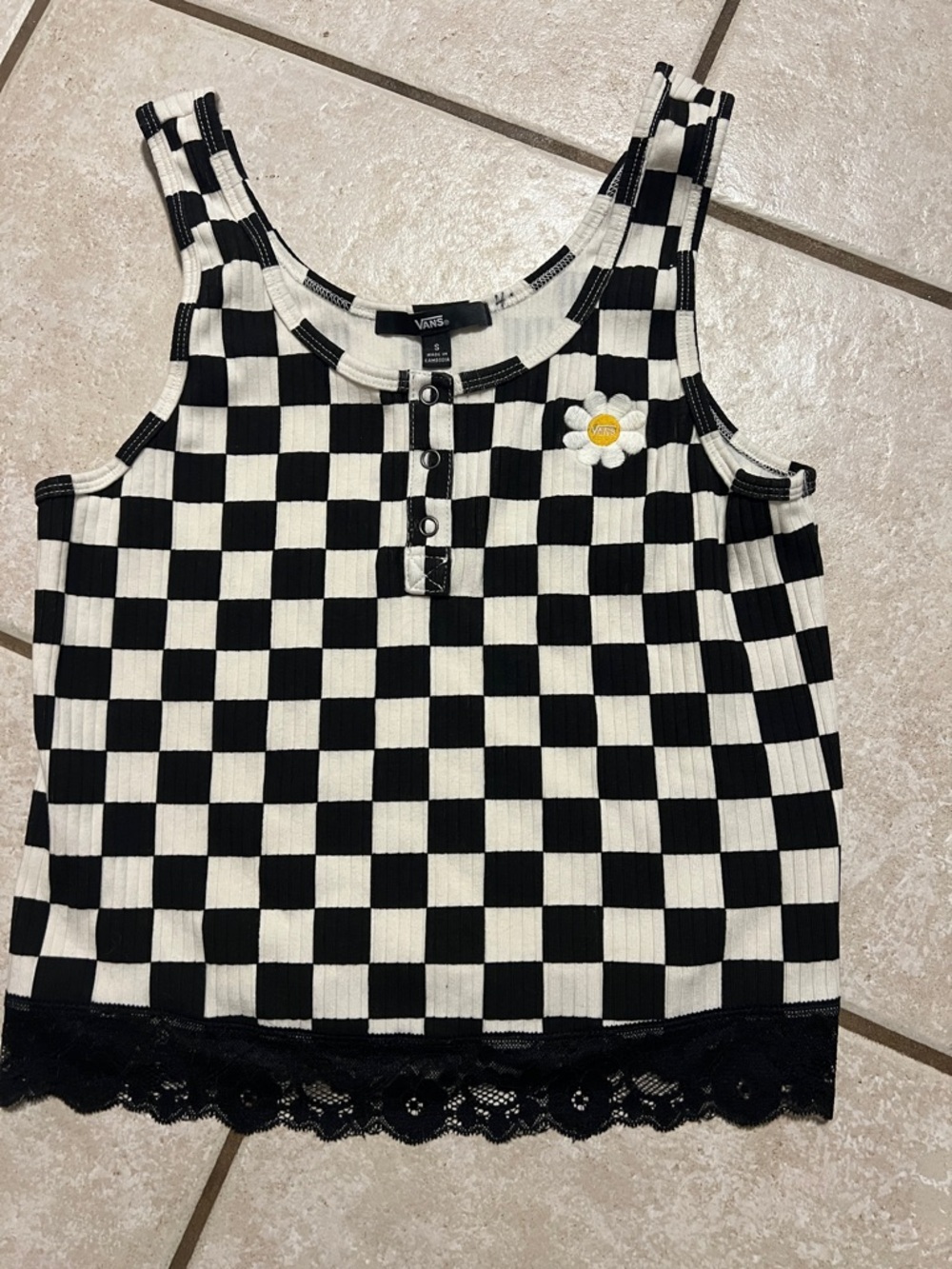 Vans Black and White Checkerboard Daisy Ribbed Crop Tank